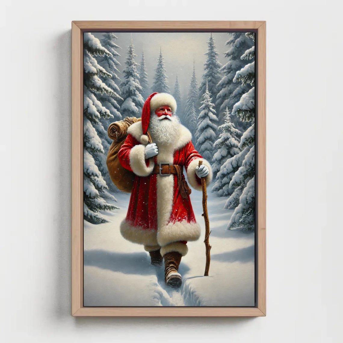 Santa Claus Hiking Through A Snowy Forest Winter Trail Poster - Image 2