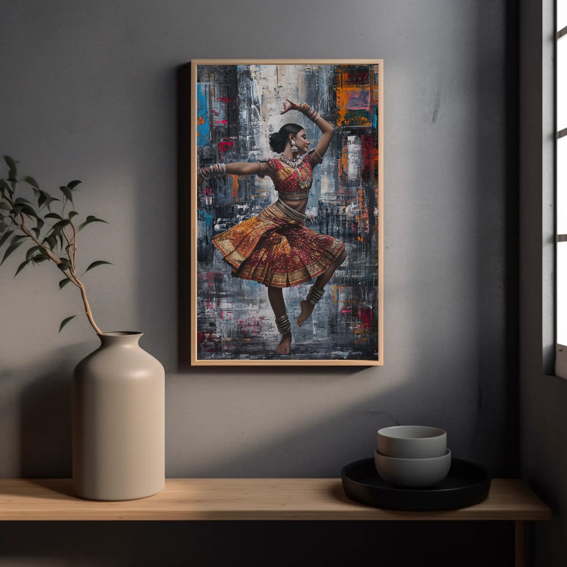 Indian Classical Dancer In Cityscape Abstract Painting Poster - Image 5