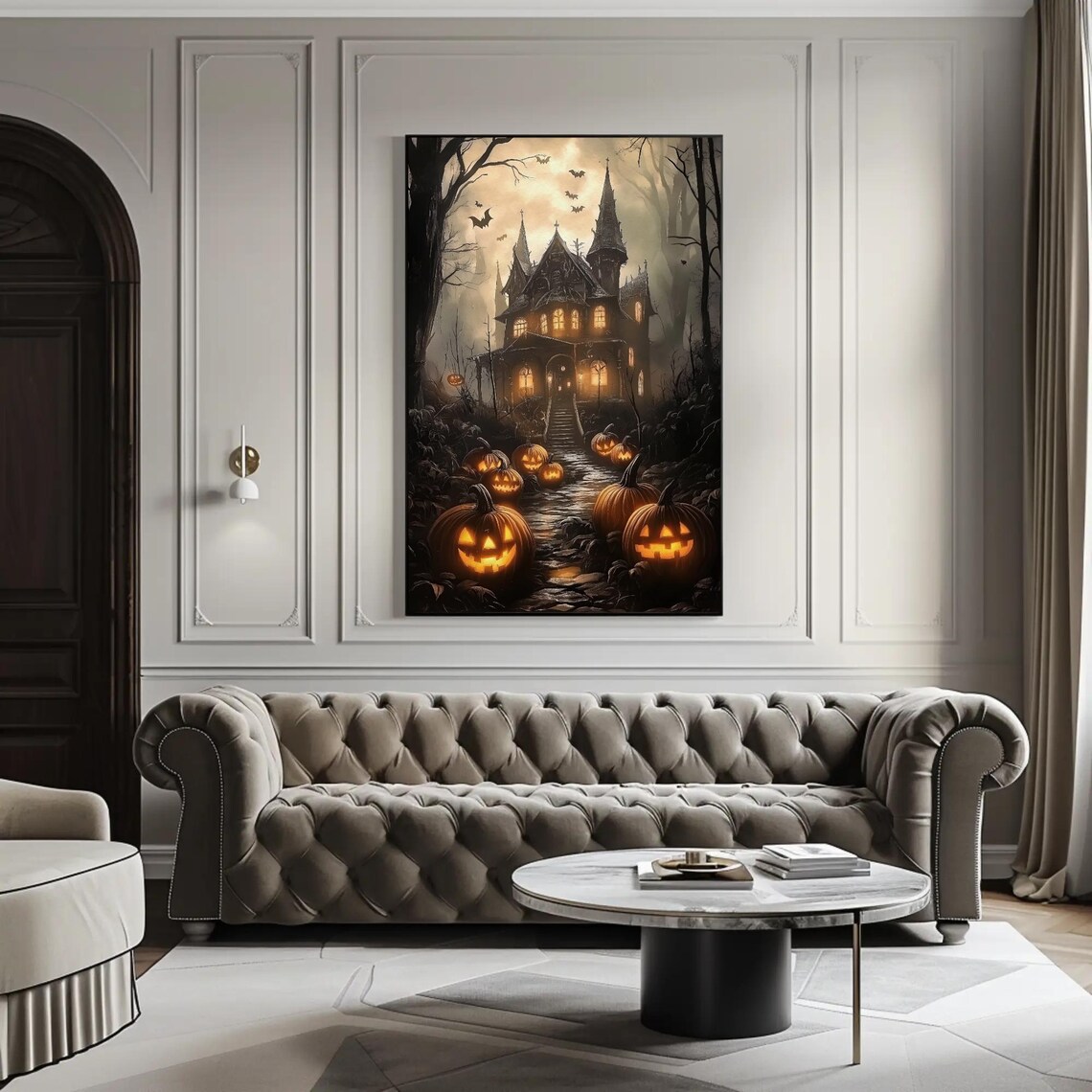 Haunted House Jack O Lantern Path Circling Bats Spooky Halloween Poster - Image 2