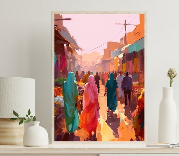 Chaotic Indian Market Art Indian Painting Indian Wall Art Indian Decor Indian Painting Indian Home Decor Indian Street