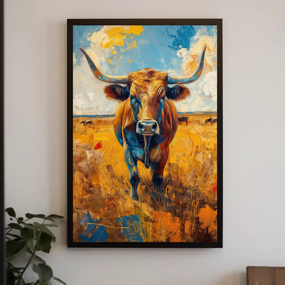 Majestic Texas Longhorn Standing In A Golden Prairie Field Poster