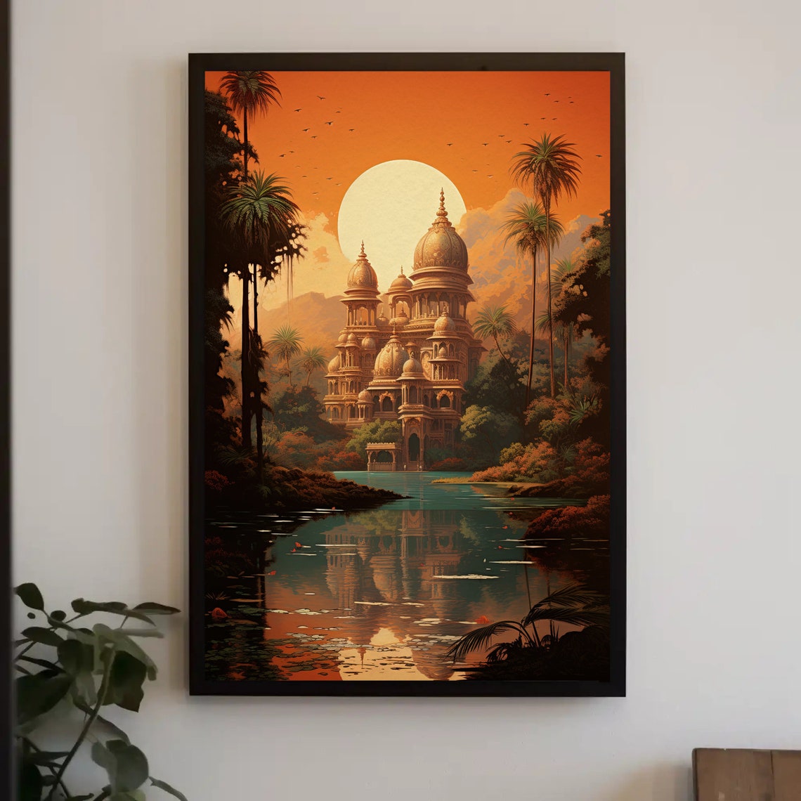 Retro Indian Temple with Domes Reflected in Jungle Lake Poster