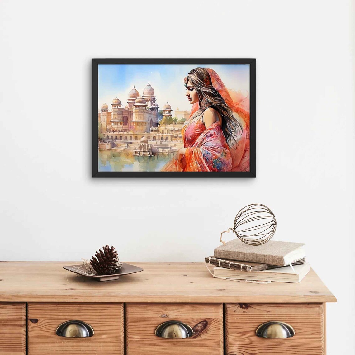 Indian Beauty by Palace Lake in Flowing Sari Watercolor Poster - Image 5