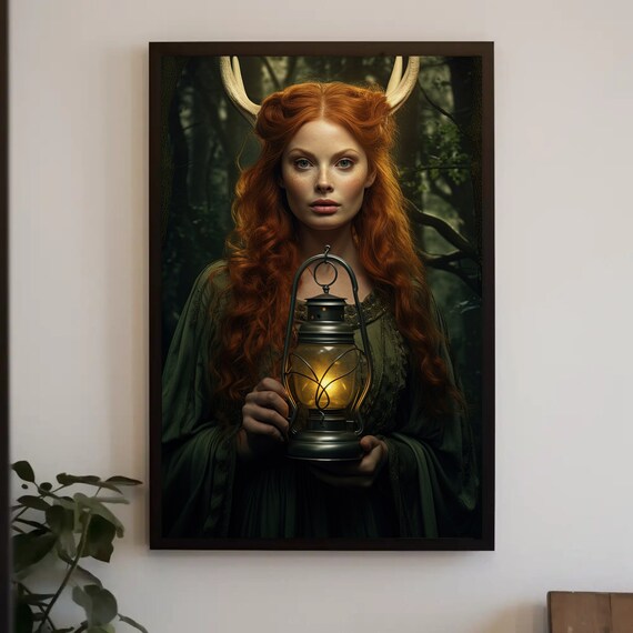 Elen of the Ways Antlered Forest Goddess With Lantern Poster