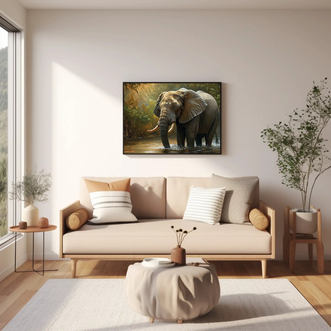 African Elephant Wading River Jungle Wildlife Painting Poster - Image 2