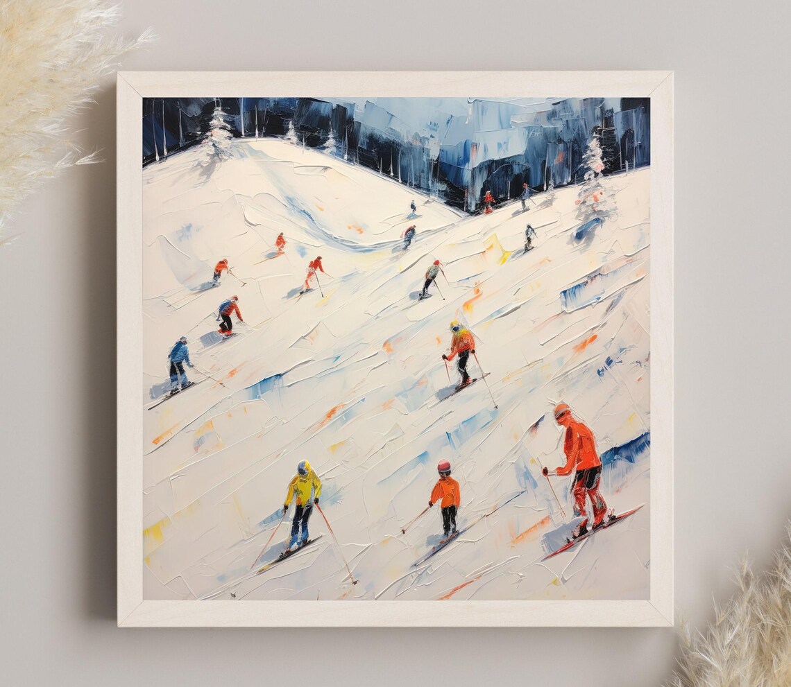Impressionist Skiers Descending Snowy Slope Oil Painting Poster