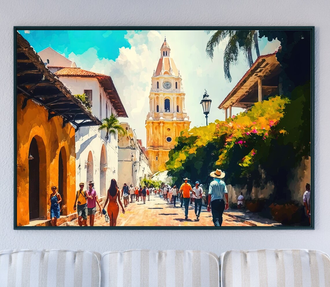 Cartagena Colombia Clock Tower Old Town Street Sunset Poster - Image 5