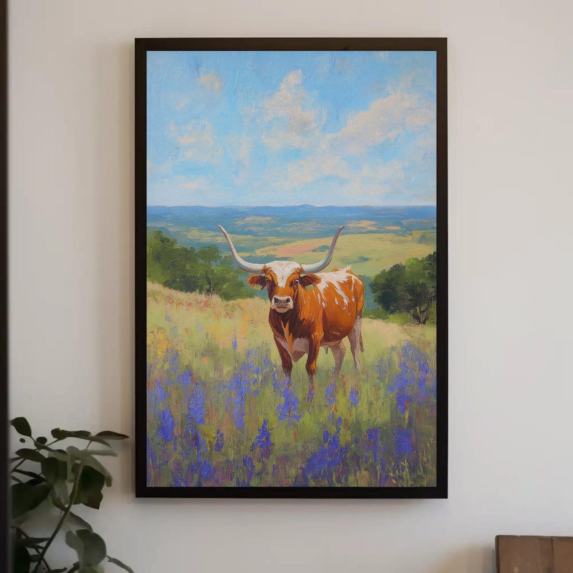 Proud Texas Longhorn Cow In A Blooming Bluebonnet Meadow Poster