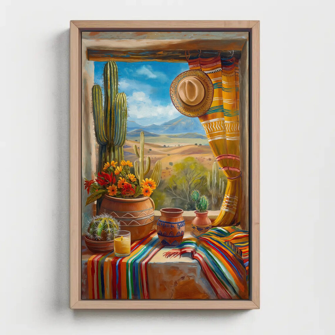 Mexican Window With Cactus Clay Pots And Colorful Serape Poster - Image 2