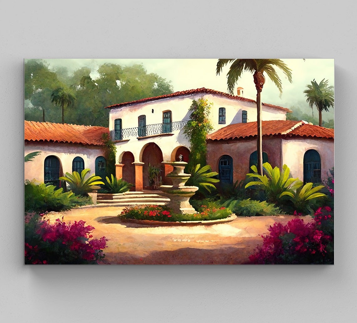 Charming Spanish Style Villa With Arched Courtyard And Fountain Poster