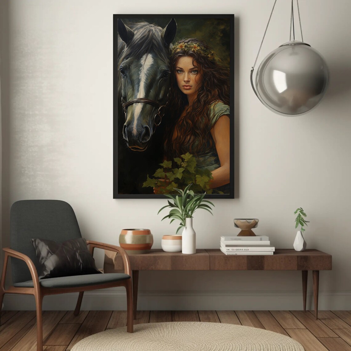 Mythic Epona Celtic Goddess Of Horses Dark Horse Portrait Wall Art - Image 3