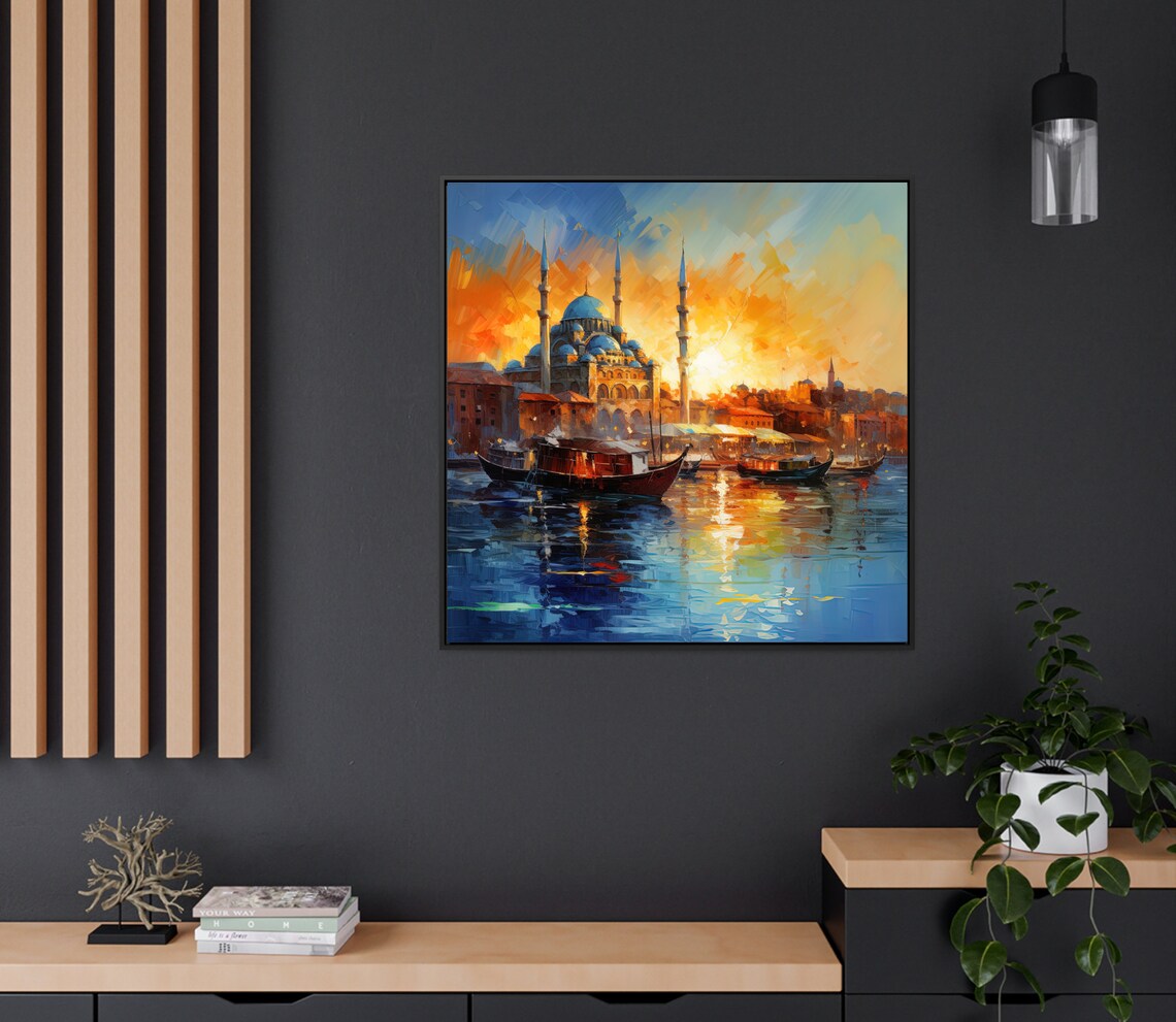 Istanbul Mosque Sunset Over Golden Water Boats Scene Art Poster - Image 3