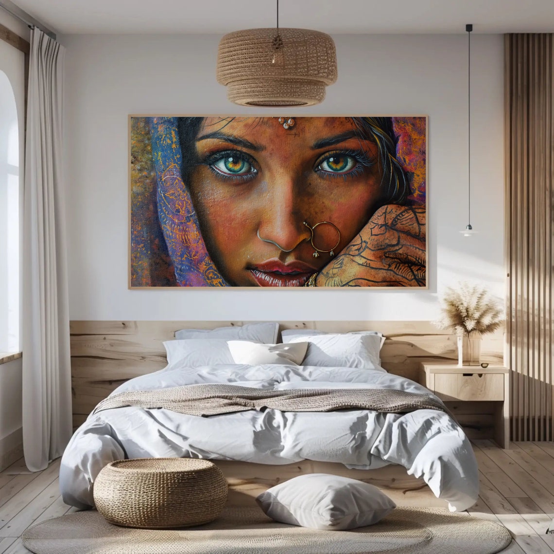 Enchanting Green Eyes Indian Girl Painting Framed Print Bohemian And Cultural Decor Ready To Hang For Living Room Or Bedroom - Image 4