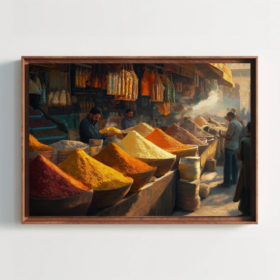 Bustling Indian Spice Market Print Vibrant Cultural Oil Painting Indian Wall Art For Kitchen Or Dining Room Ready To Hang