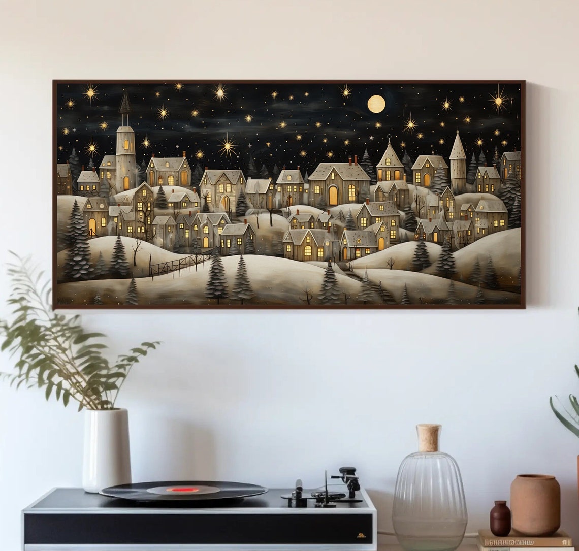 Snowy Christmas Village Panoramic Moonlit Night Scene Poster