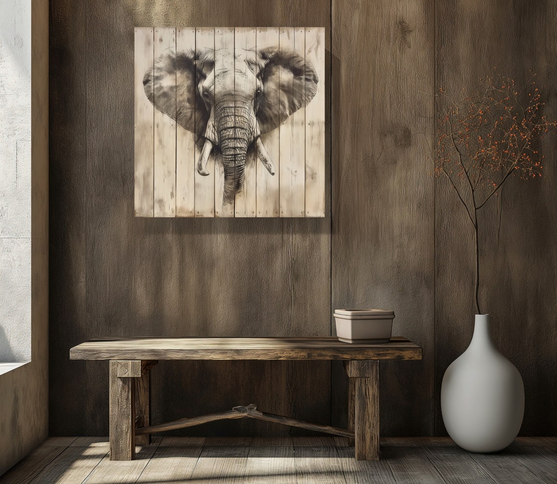 African Elephant Sketch On Whitewashed Wood Safari Wall Poster - Image 4