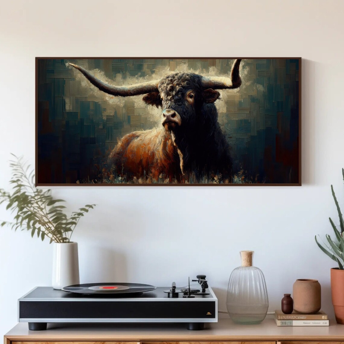 Majestic Texas Longhorn Bull Dark Moody Oil Painting Style Poster