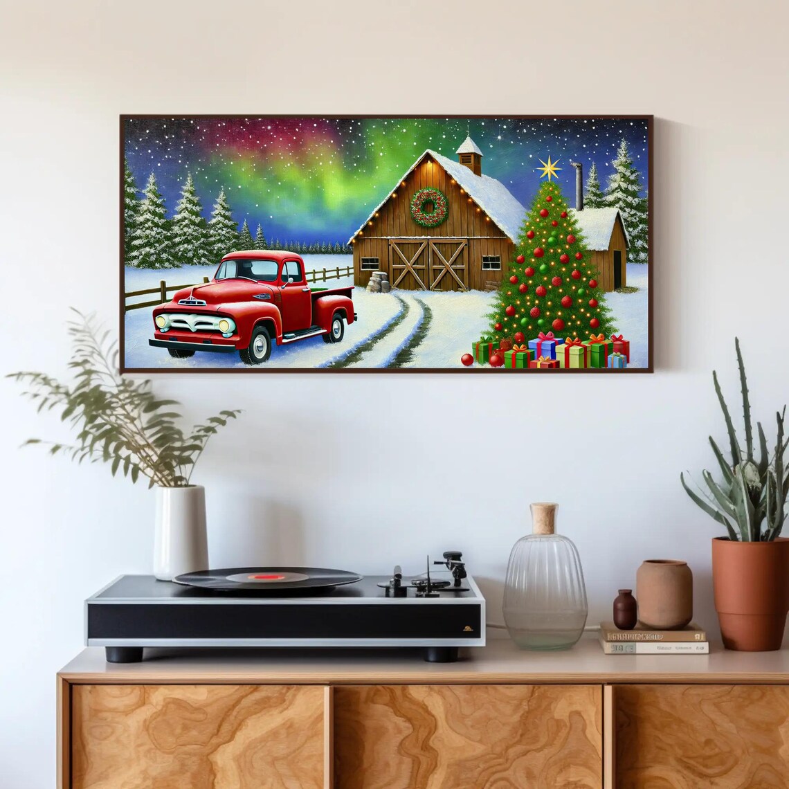 Vintage Red Truck At A Wooden Barn Under Aurora Lights Poster