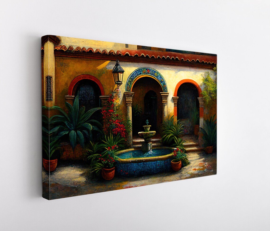 Mexican Courtyard Garden Oil Painting Art Print - Image 5