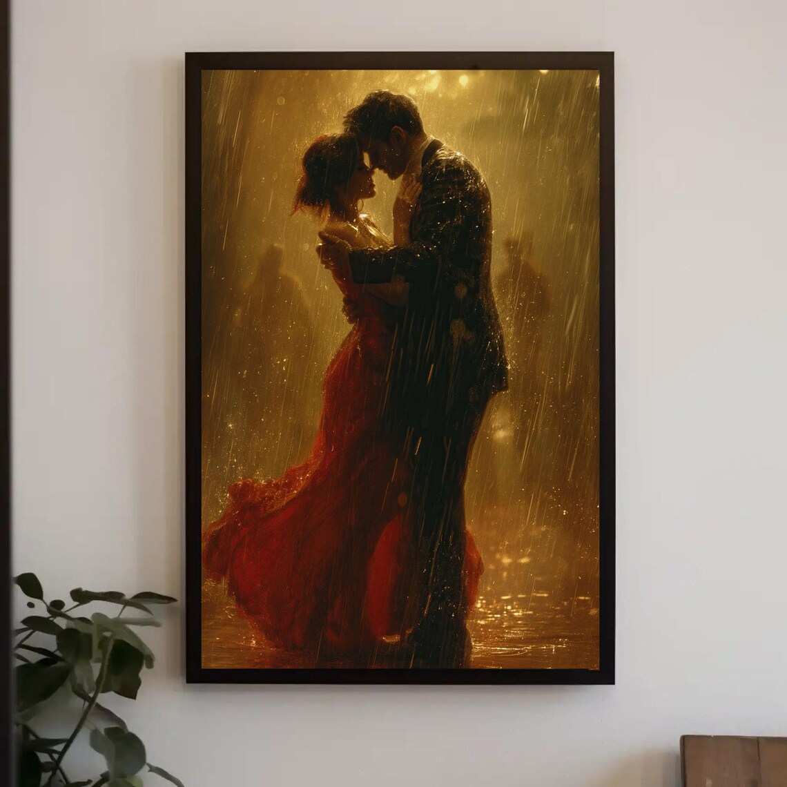 Romantic Couple Kissing In A Golden Rain Glow Painting Poster - Image 5