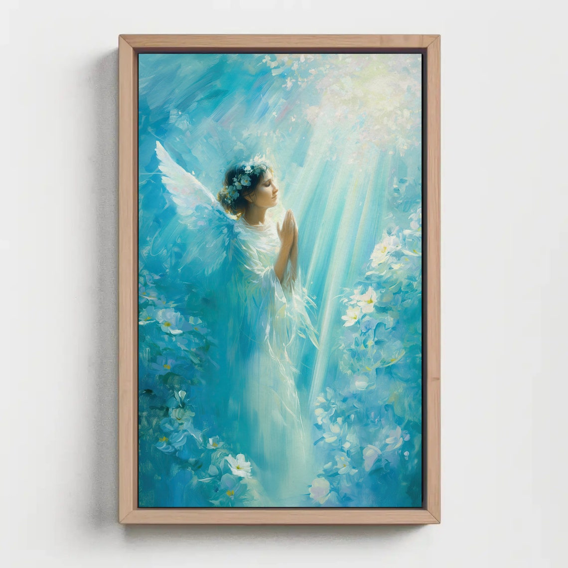 Praying Angel Bathed in Blue Heavenly Light With Flowers Poster - Image 4