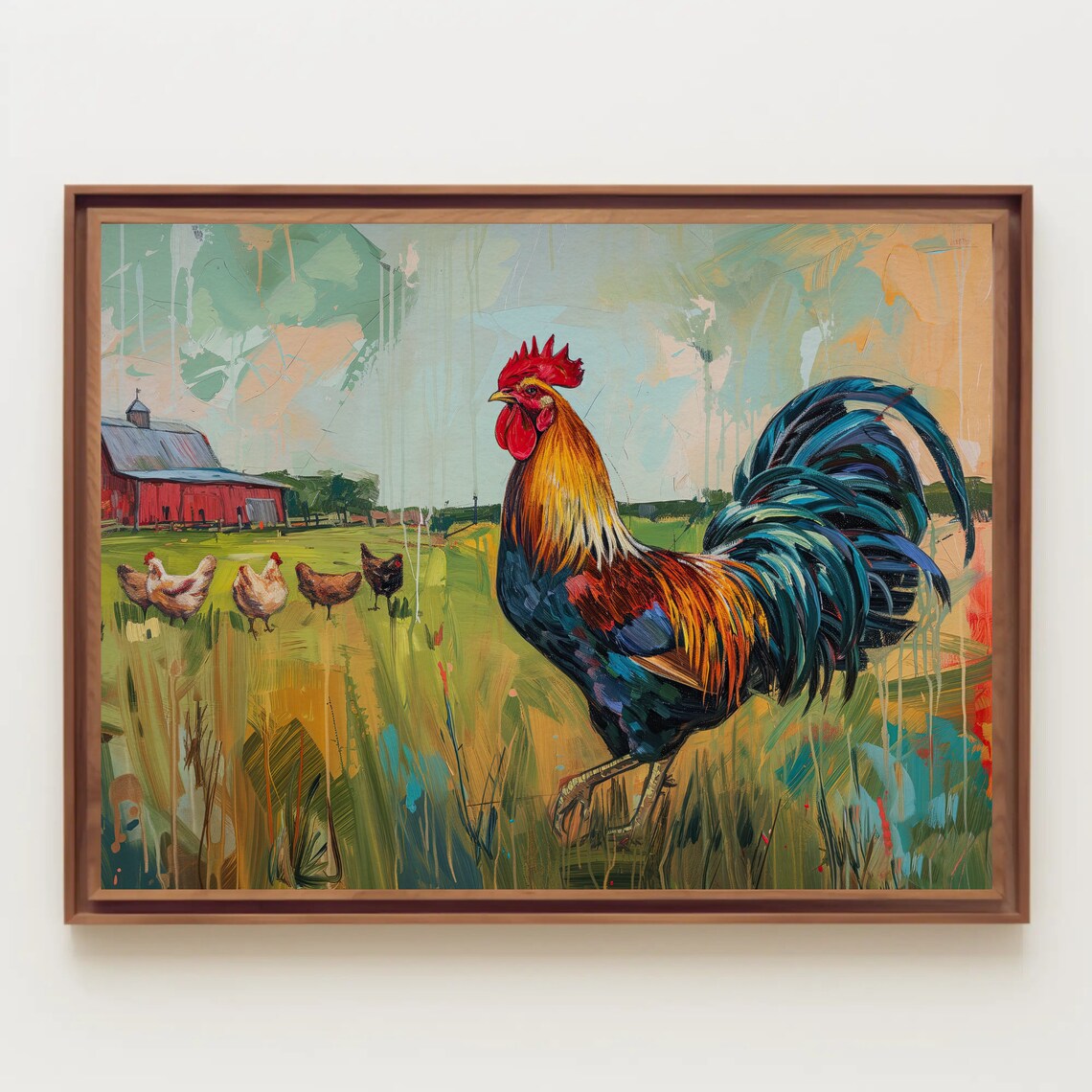 Proud Rooster With Hens Green Pasture Red Barn Painting Print - Image 3