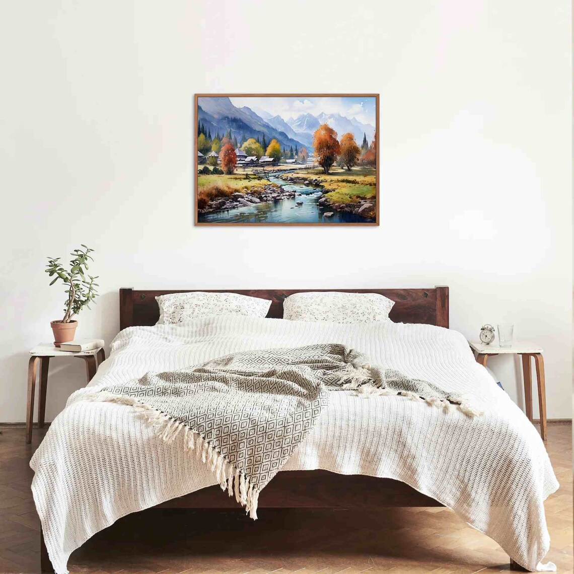 Kashmir Mountain Valley River Village Autumn Watercolor Poster - Image 3