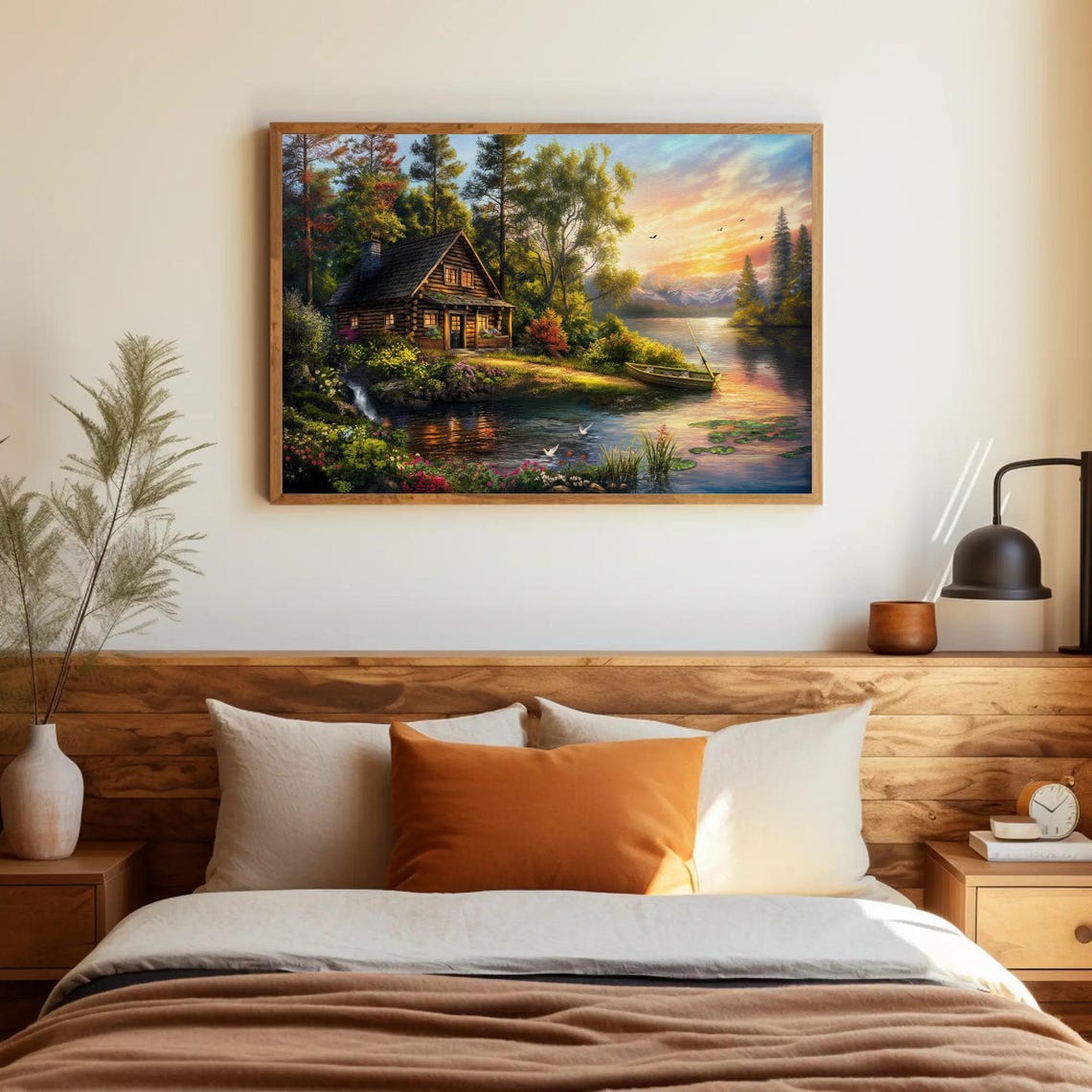 Cozy Lakeside Log Cabin Sunset With Flowers Cottage Art Poster - Image 5