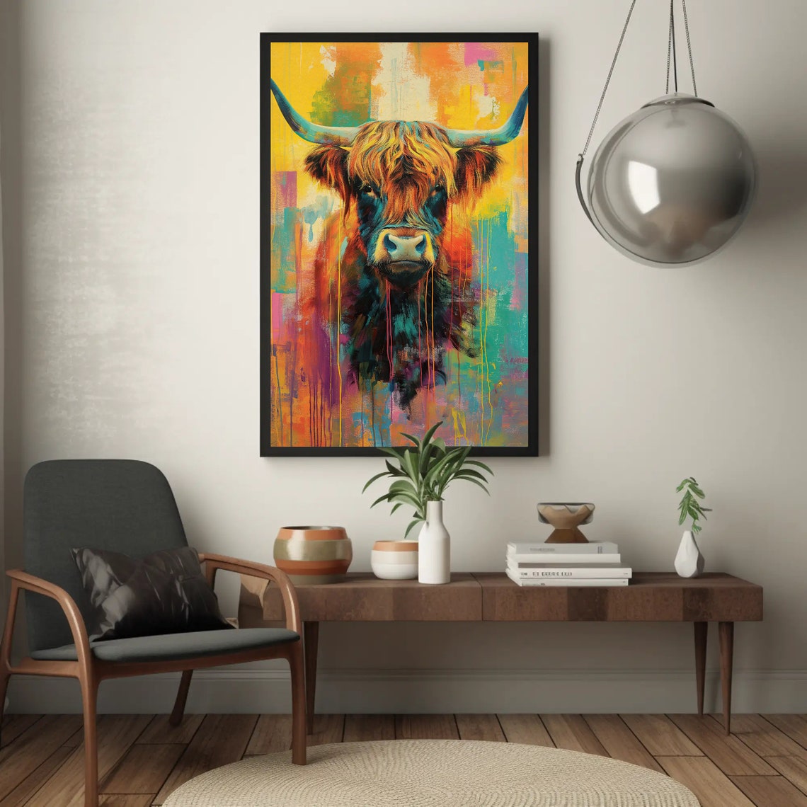 Colorful Highland Cow Portrait Poster With Paint Drip Style Art - Image 5