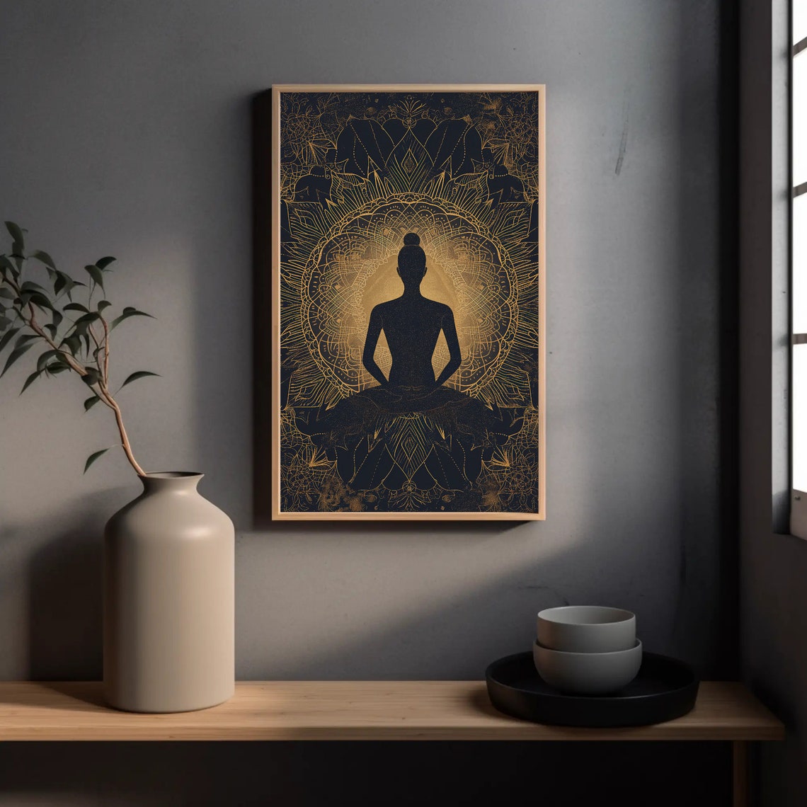Meditating Yogi Silhouette Back View on Gold Mandala Yoga Wall Poster - Image 3