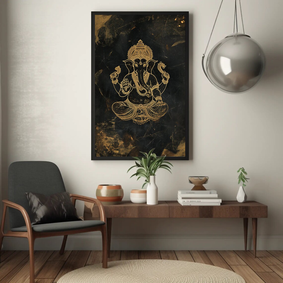 Gold Ganesha Line Art on Black Distressed Hindu God Wall Poster - Image 3