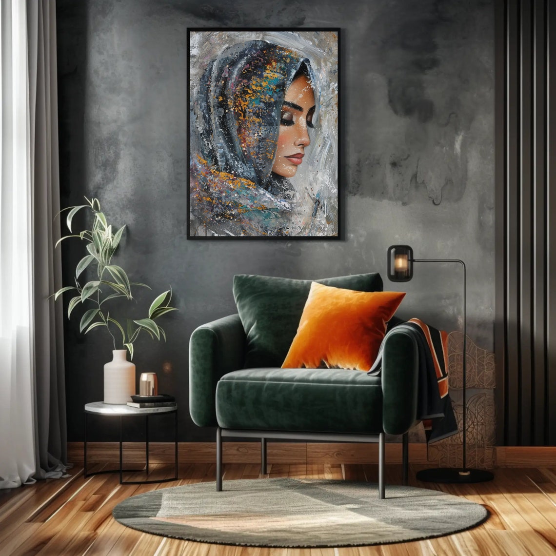 Abstract Veiled Woman Profile Poster with Paint Splatter Texture - Image 5