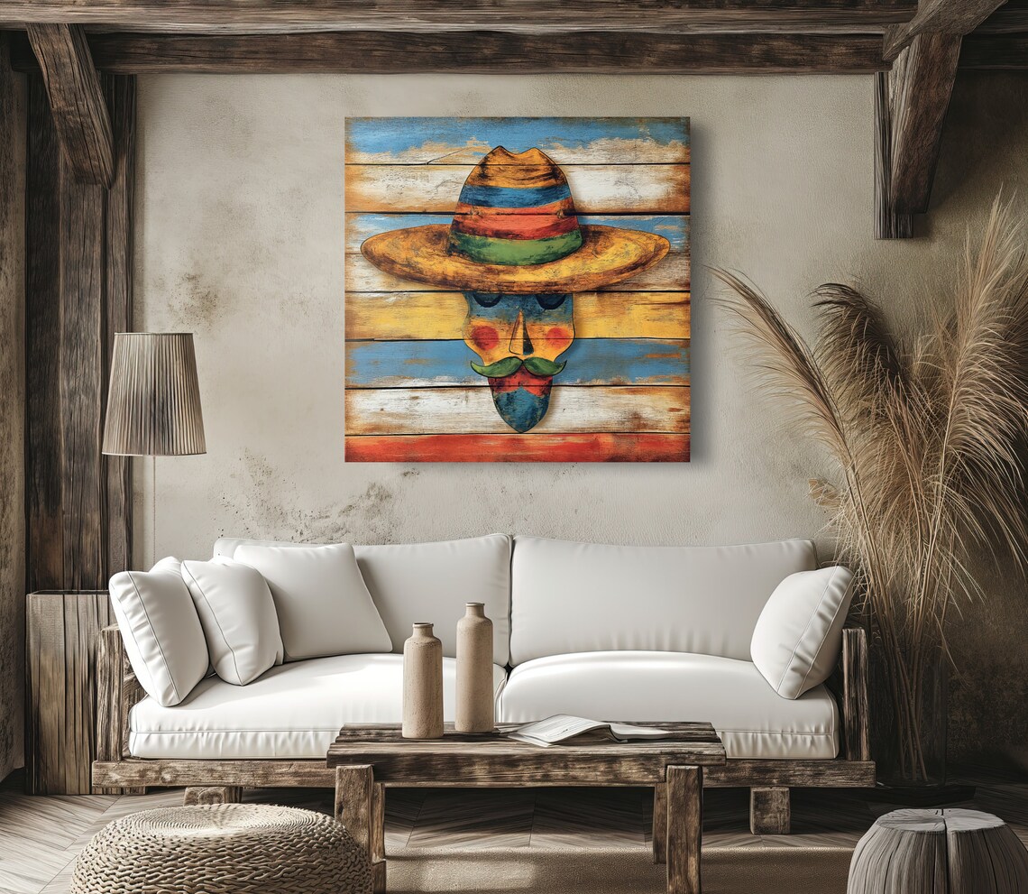 Mexican Folk Art Man with Striped Sombrero on Wood Wall Poster - Image 5