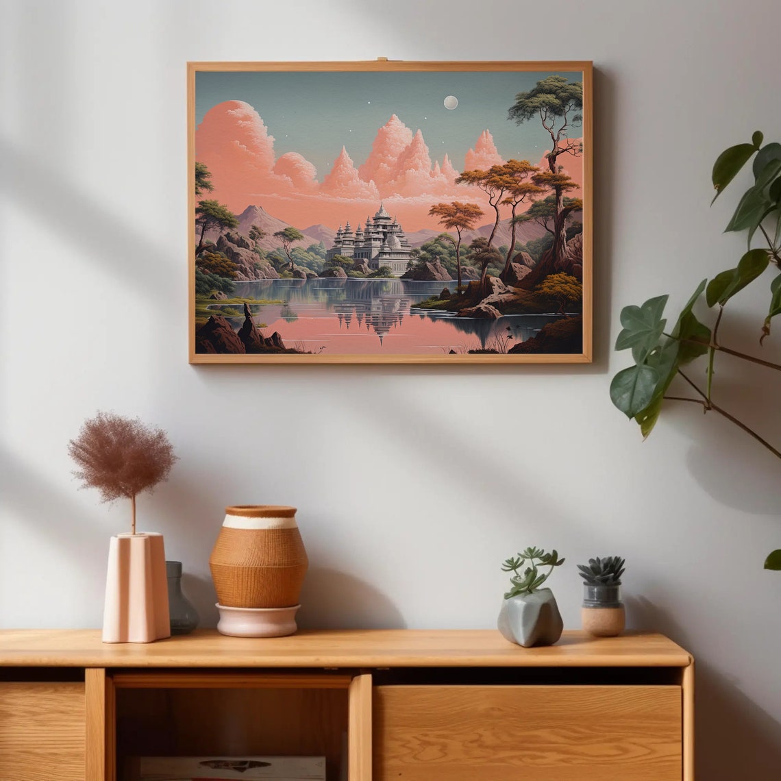 Indian Temple Fantasy Landscape Pink Sunset Lake Reflection Poster - Image 5