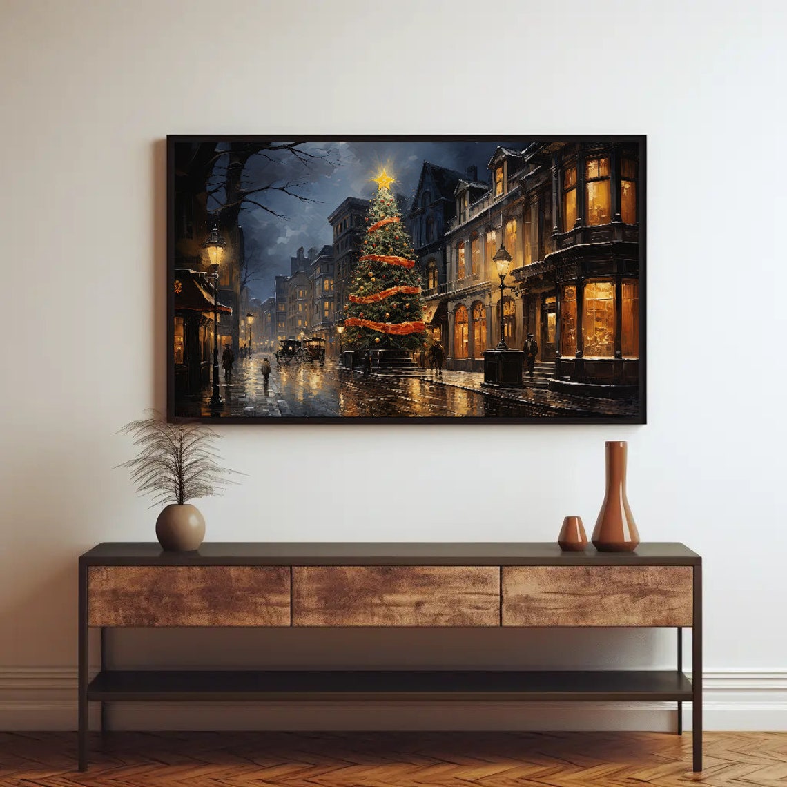 Christmas Tree on a Victorian Winter Street Night Scene Poster - Image 3