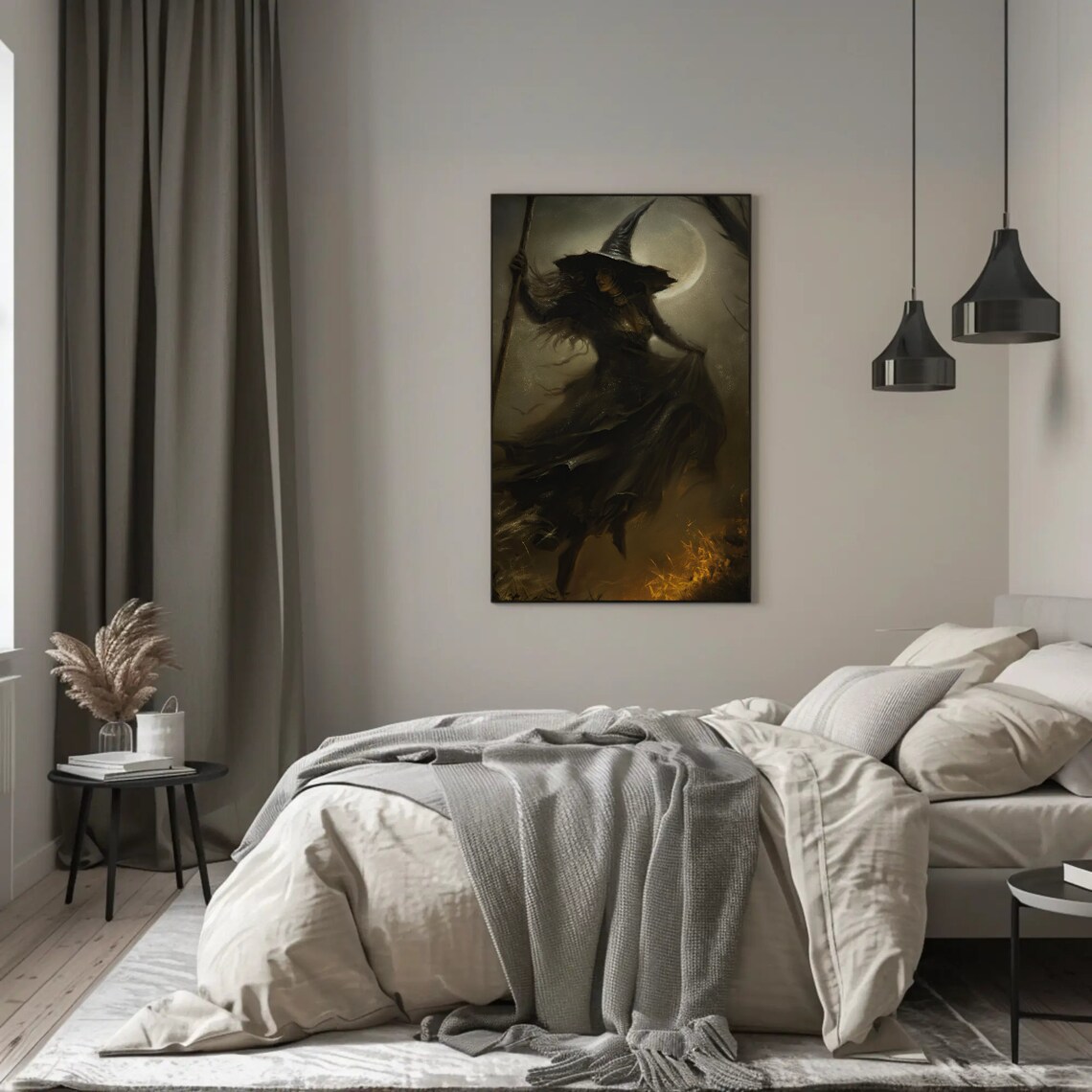 Dark Witch with Staff Under Crescent Moon Gothic Halloween Magic Poster - Image 3