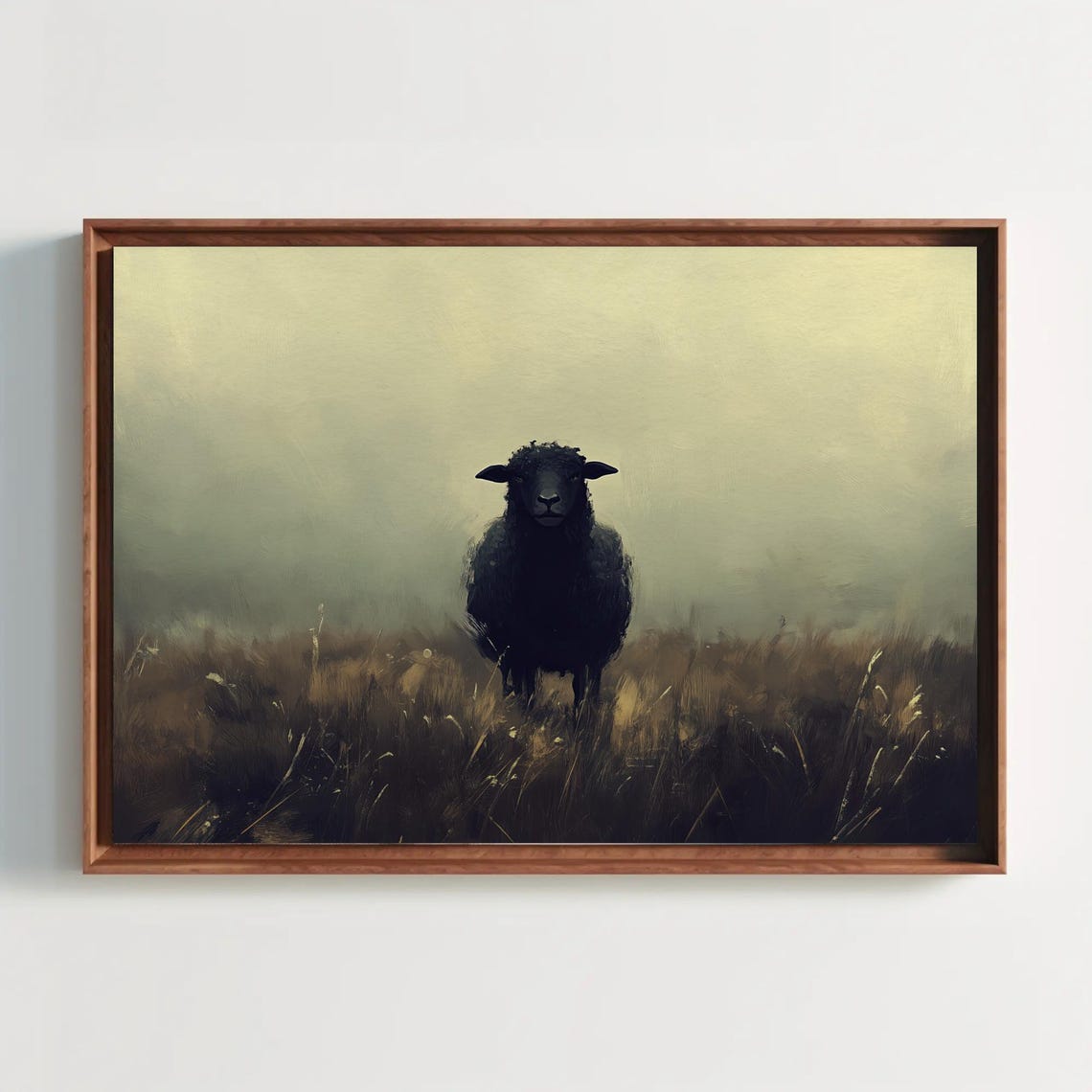 Black Sheep Standing In A Misty Field Moody Farm Animal Poster