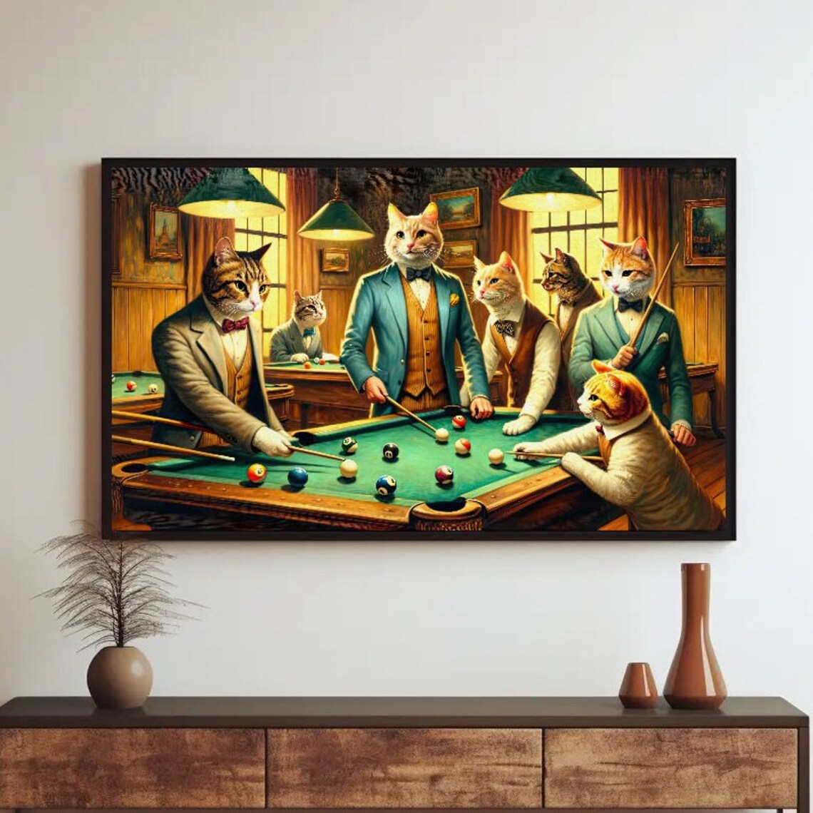 Cats Playing Pool, Funny Game Room Poster Print