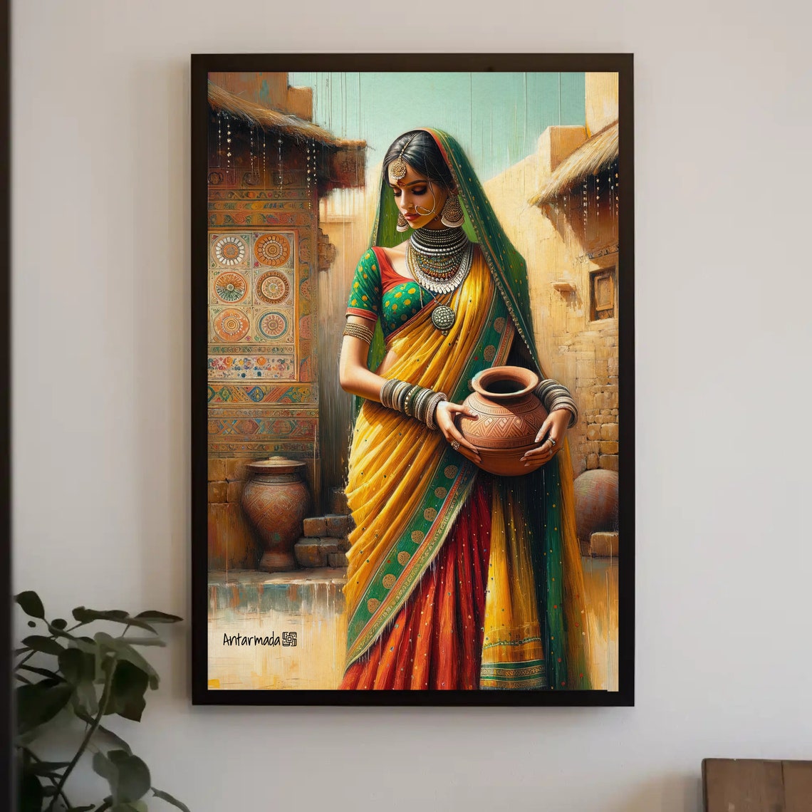 Traditional Indian Woman Holding A Pot Portrait Painting Indian Living Room Decor Desi Wall Art South Asian Painting Framed Print