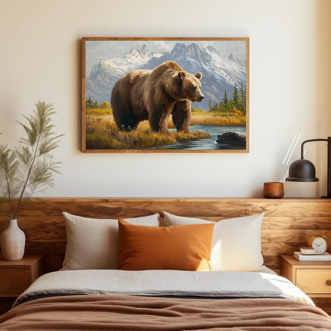Grizzly Bear By Mountain River In Autumn Rustic Wildlife Art Poster - Image 3
