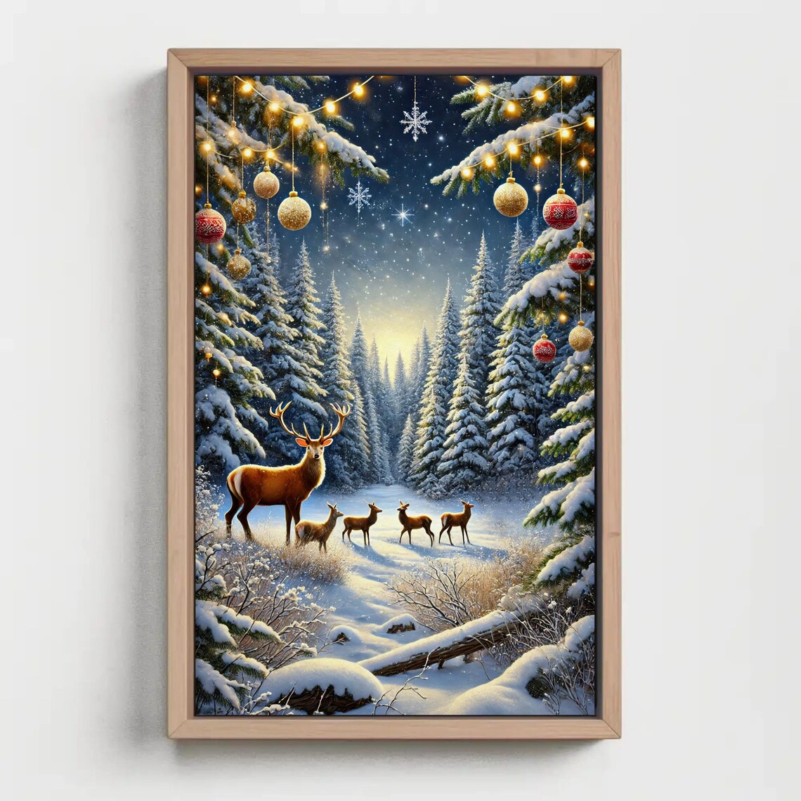 Deer Family In A Snowy Christmas Forest Under The Lights Poster - Image 2