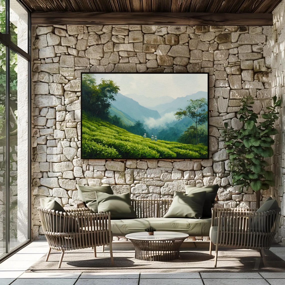 Lush Green Tea Plantations Misty Mountain Pickers Painting Poster - Image 2