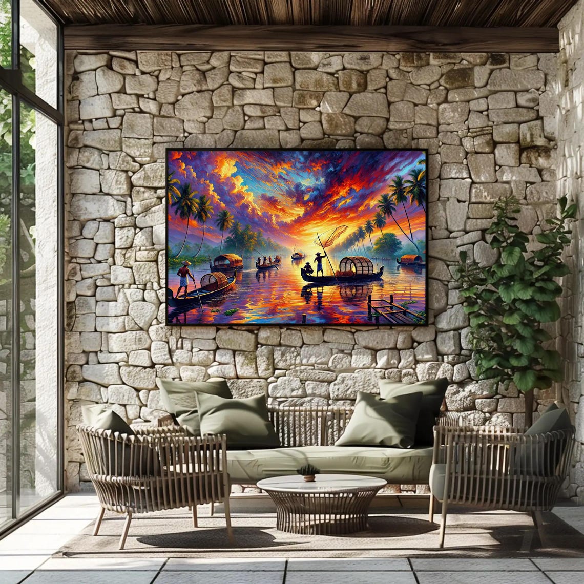 Kerala Fishermen At Sunset Vibrant Backwater Painting Poster - Image 2