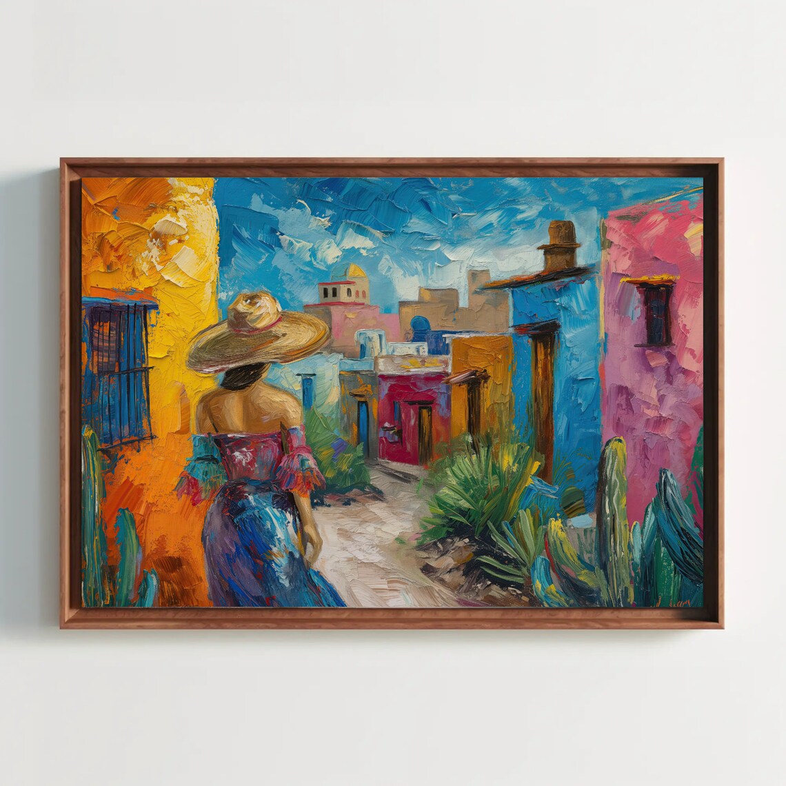 Mexican Woman Sombrero Colorful Village Street Oil Painting Poster