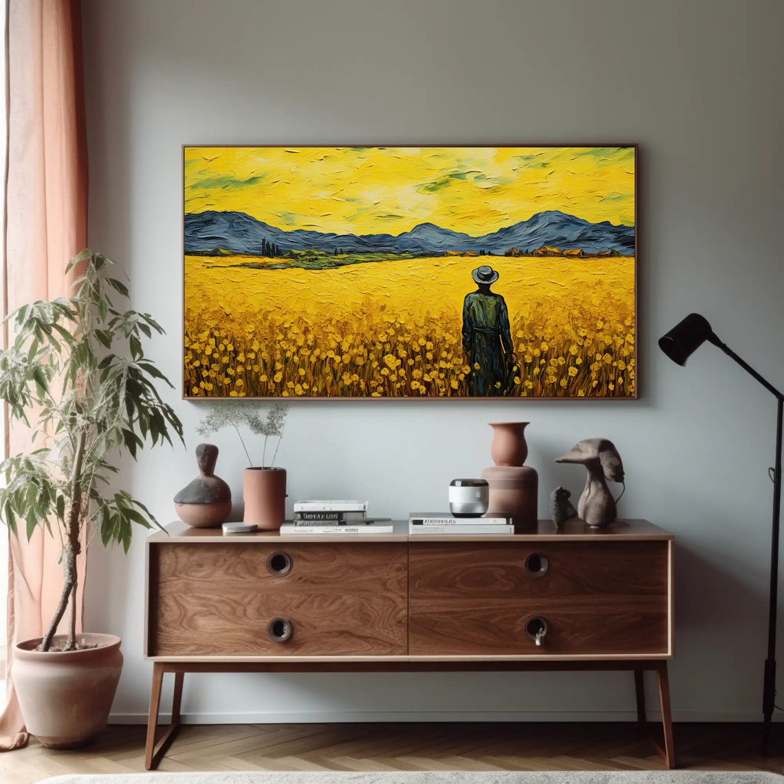 Mustard Field with Lone Figure Van Gogh Style Oil Painting Poster - Image 3