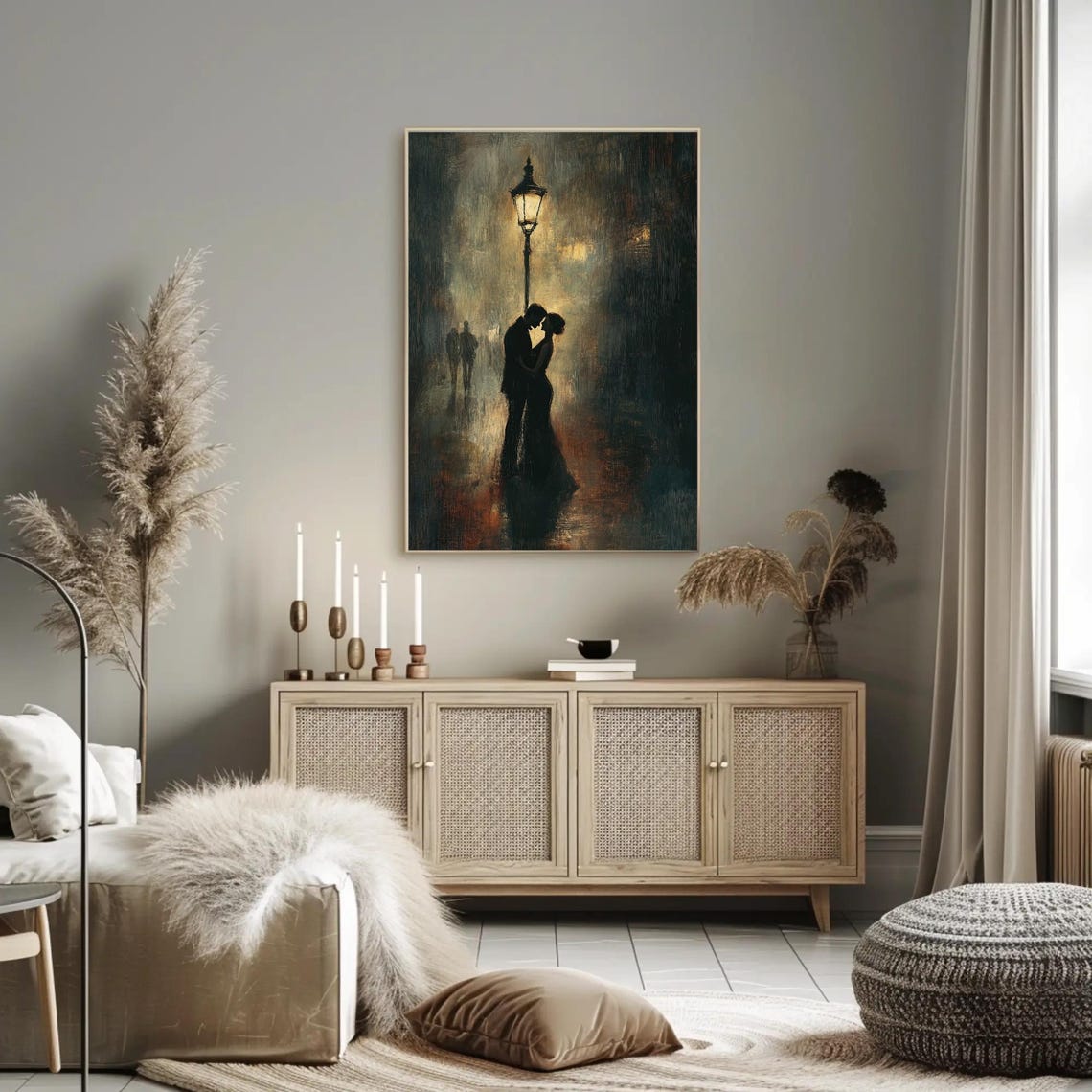 Romantic Couple Under a Glowing Streetlamp on a Rainy Night Poster - Image 3