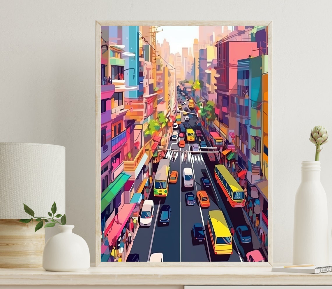 A Busy Mumbai Street Print Mumabi Painting Bombay Wall Art Indian Decor Indian Painting Mumbai Travel Poster India Art Indian Print