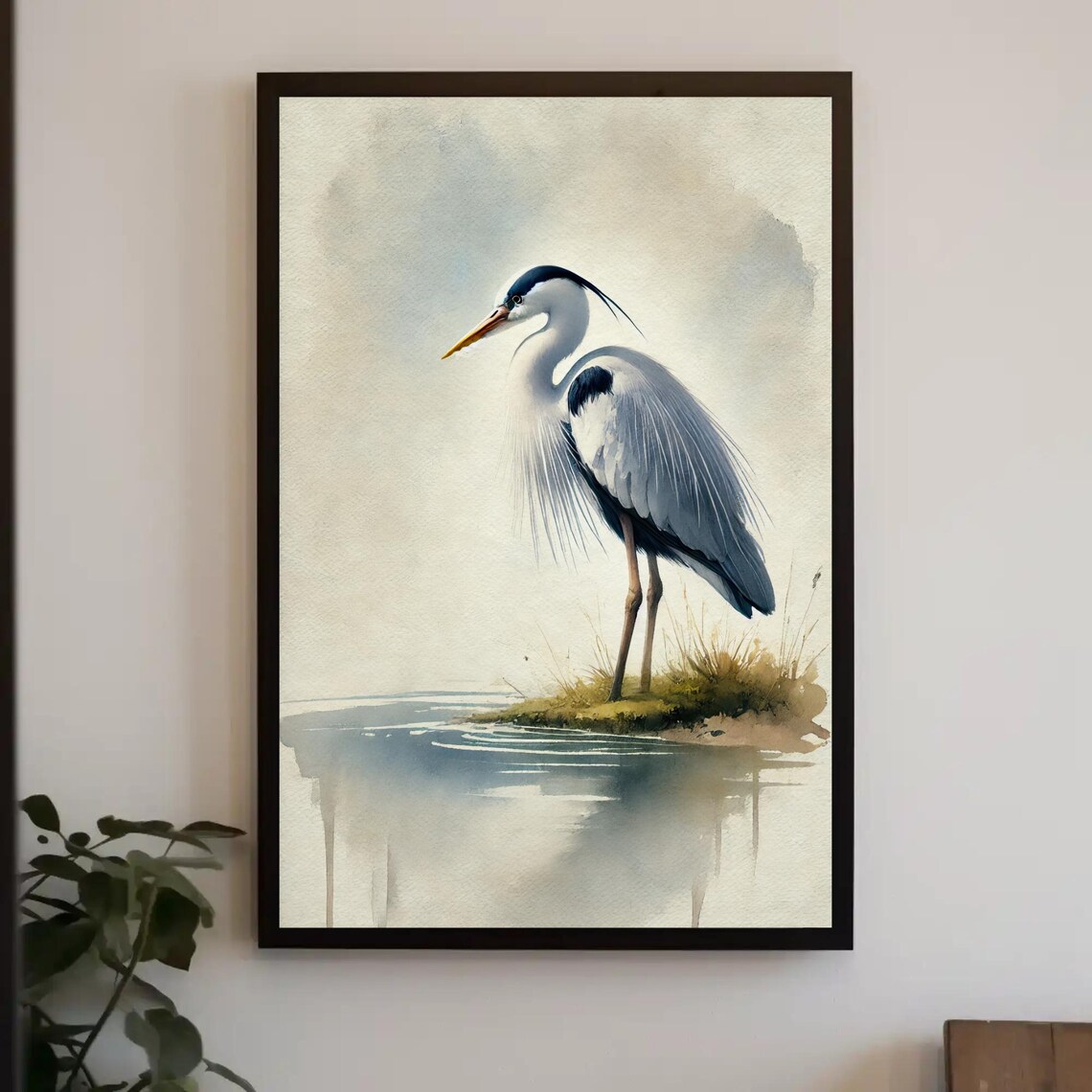 Solitary Grey Heron At Water Reflection Soft Watercolor Poster