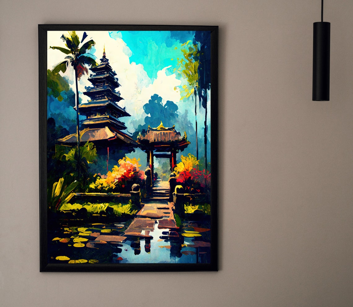 Bali Indonesia Tiered Temple Lotus Pond Palm Trees Scene Poster - Image 3