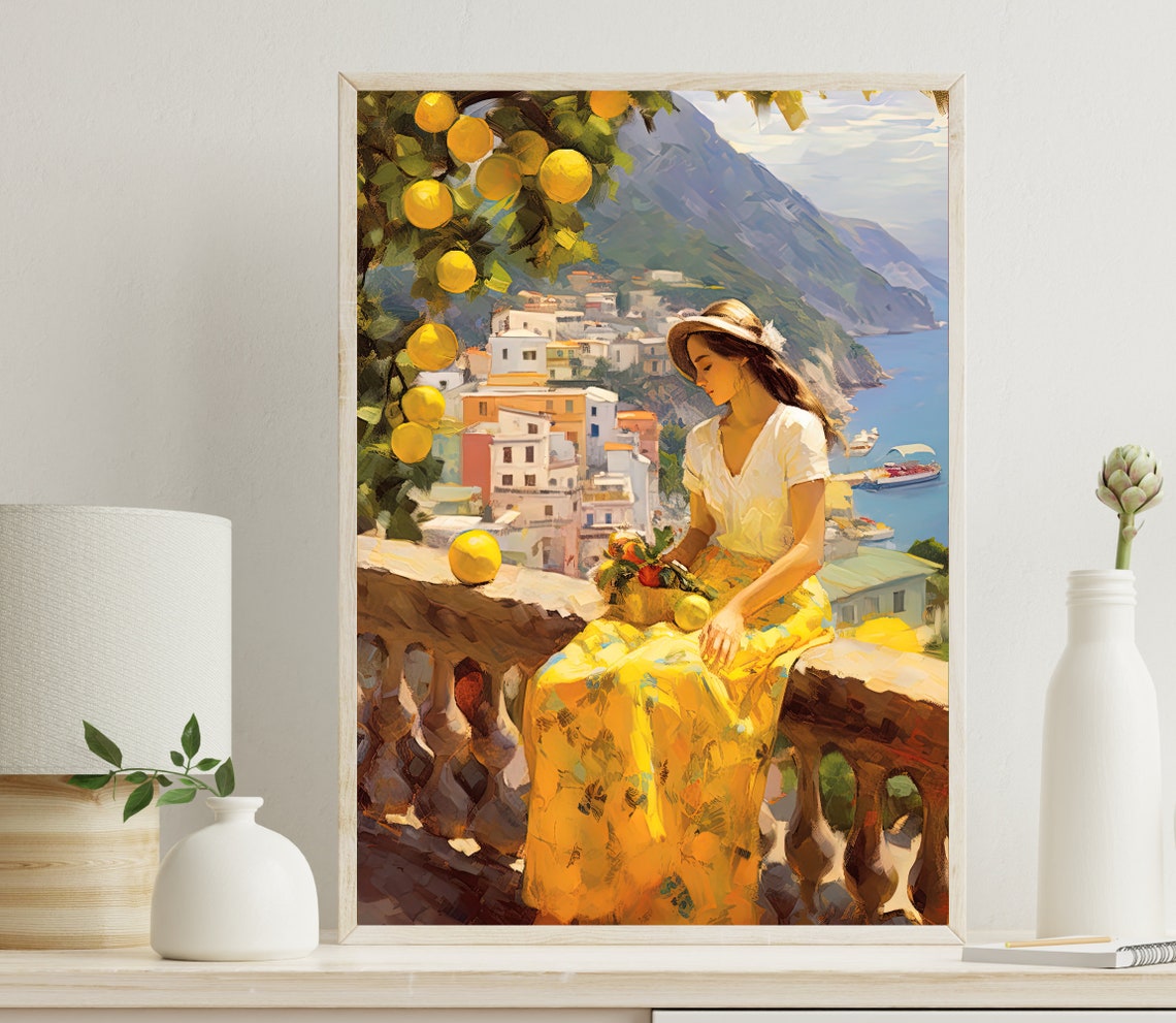 Amalfi Coast Lemon Tree Italian Art Print Italy Travel Poster Southern Italy Large Wall Art Illustration Amalfi Woman Wall Art